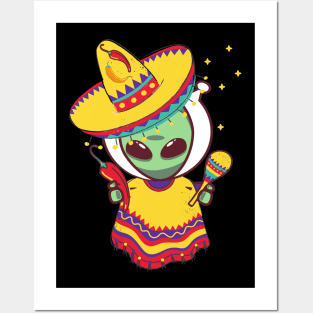 Alien Mexican Poncho Cinco De Mayo Alien Sombrero Fiesta Costume Posters and Art